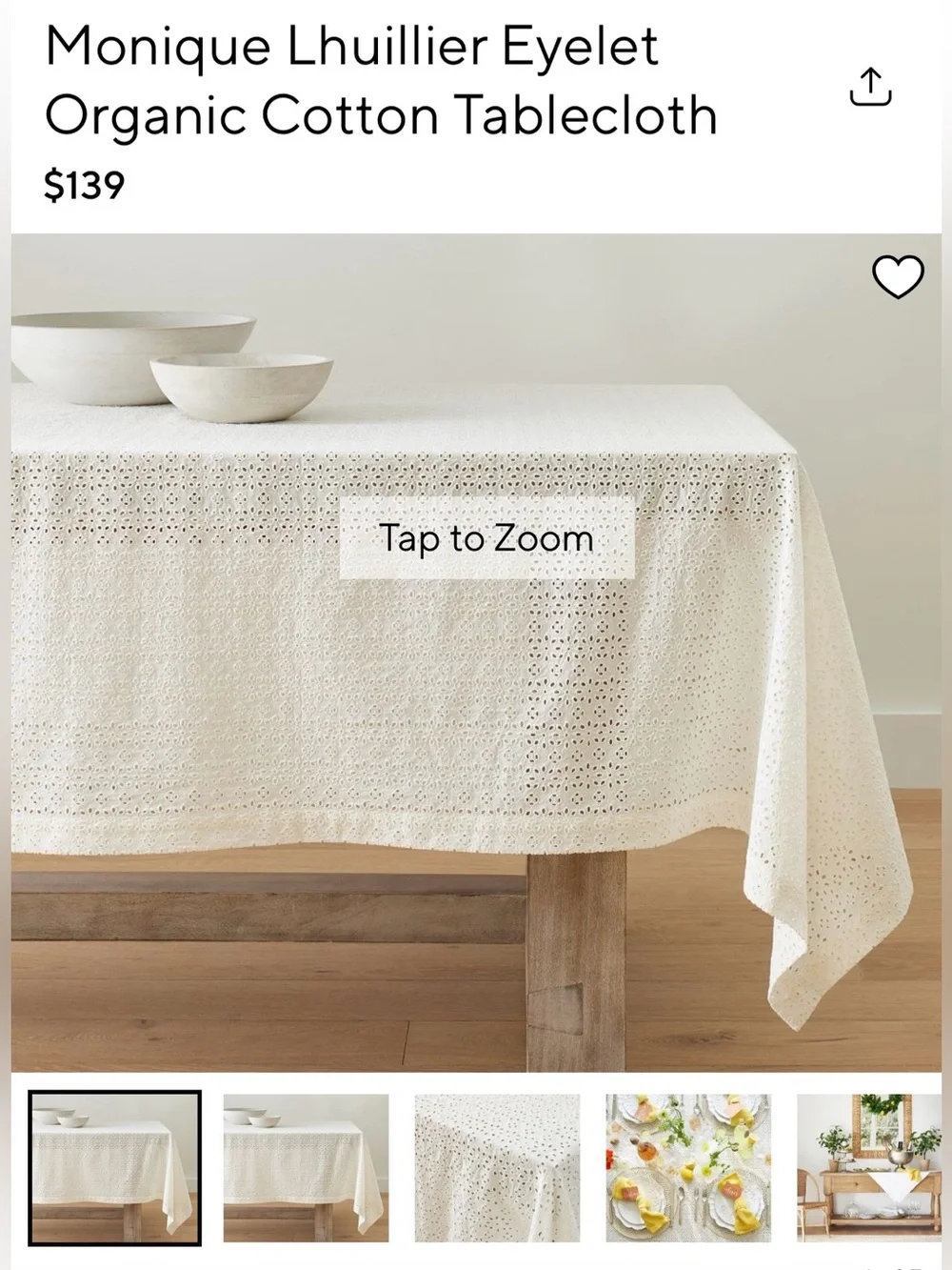 Monique Lhuillier Ivory Eyelet Organic Cotton Tablecloth
